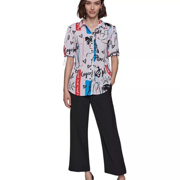 NWT Karl Lagerfeld Printed Bungee-Sleeve Button-Down Top Karl Lagerfeld - Picture 3 of 5